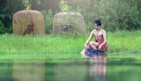 Laos Girls river bank